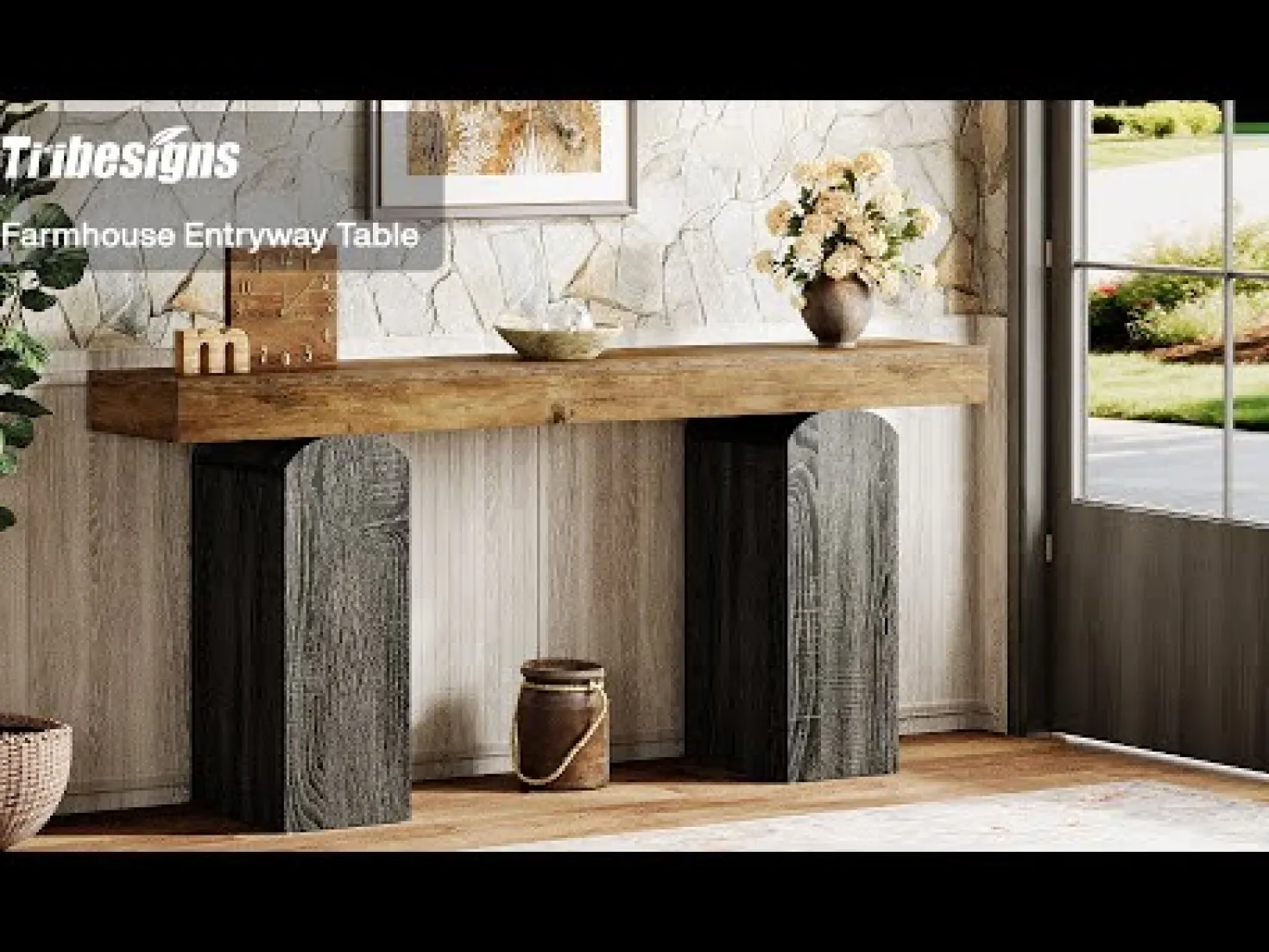 63" Console Table, Farmhouse Entryway Table with 2 Arched Pedestal Legs
