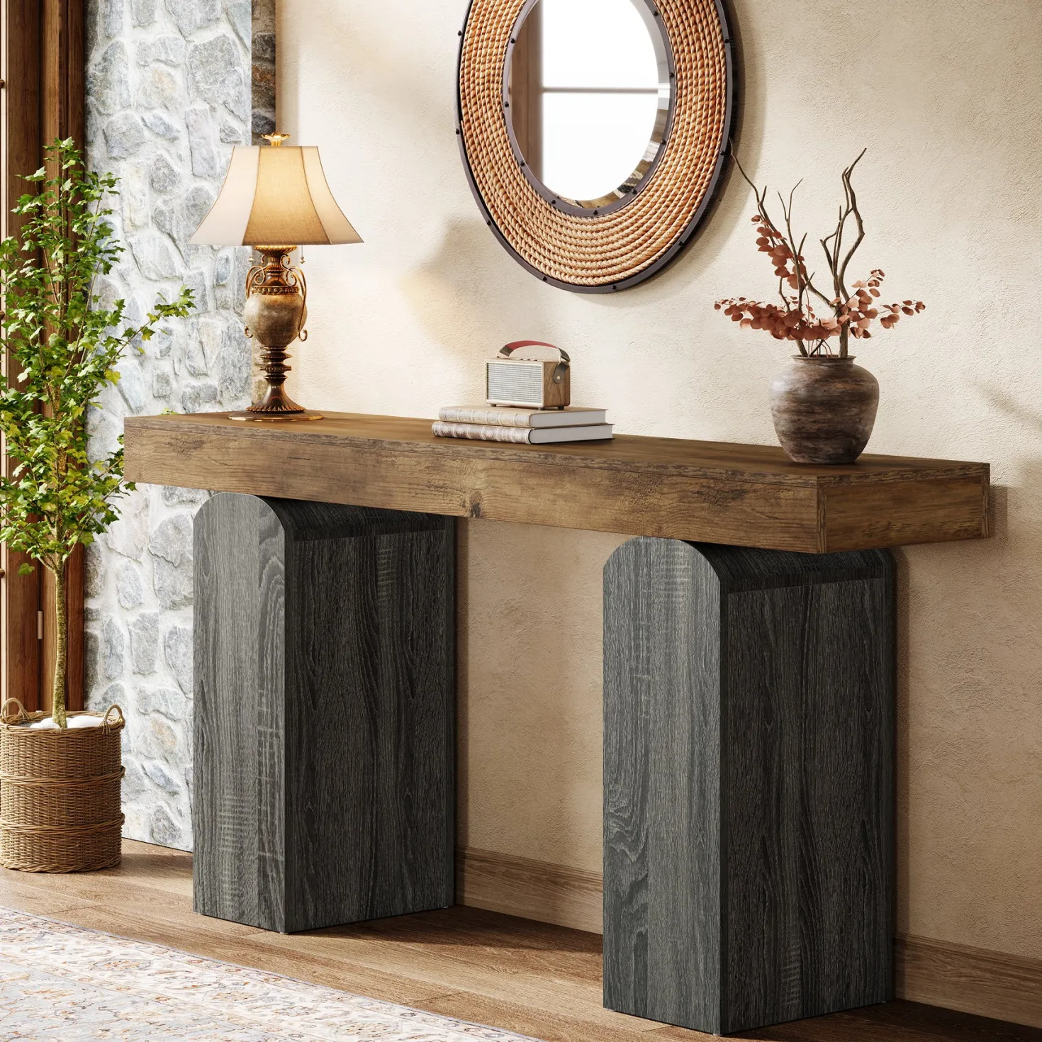 63" Console Table, Farmhouse Entryway Table with 2 Arched Pedestal Legs