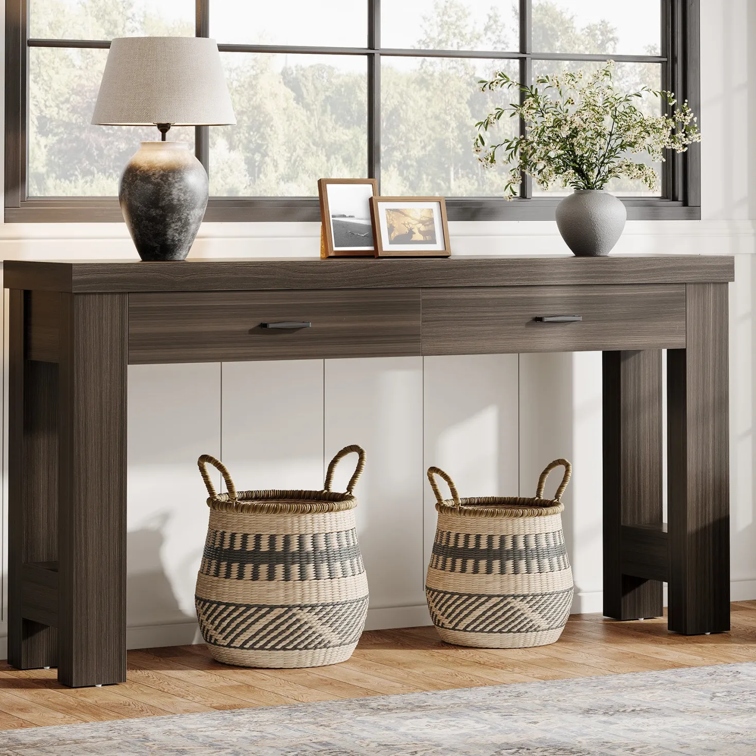 63" Console Table, Farmhouse Entryway Table with H-Shaped Legs and 2 Drawers