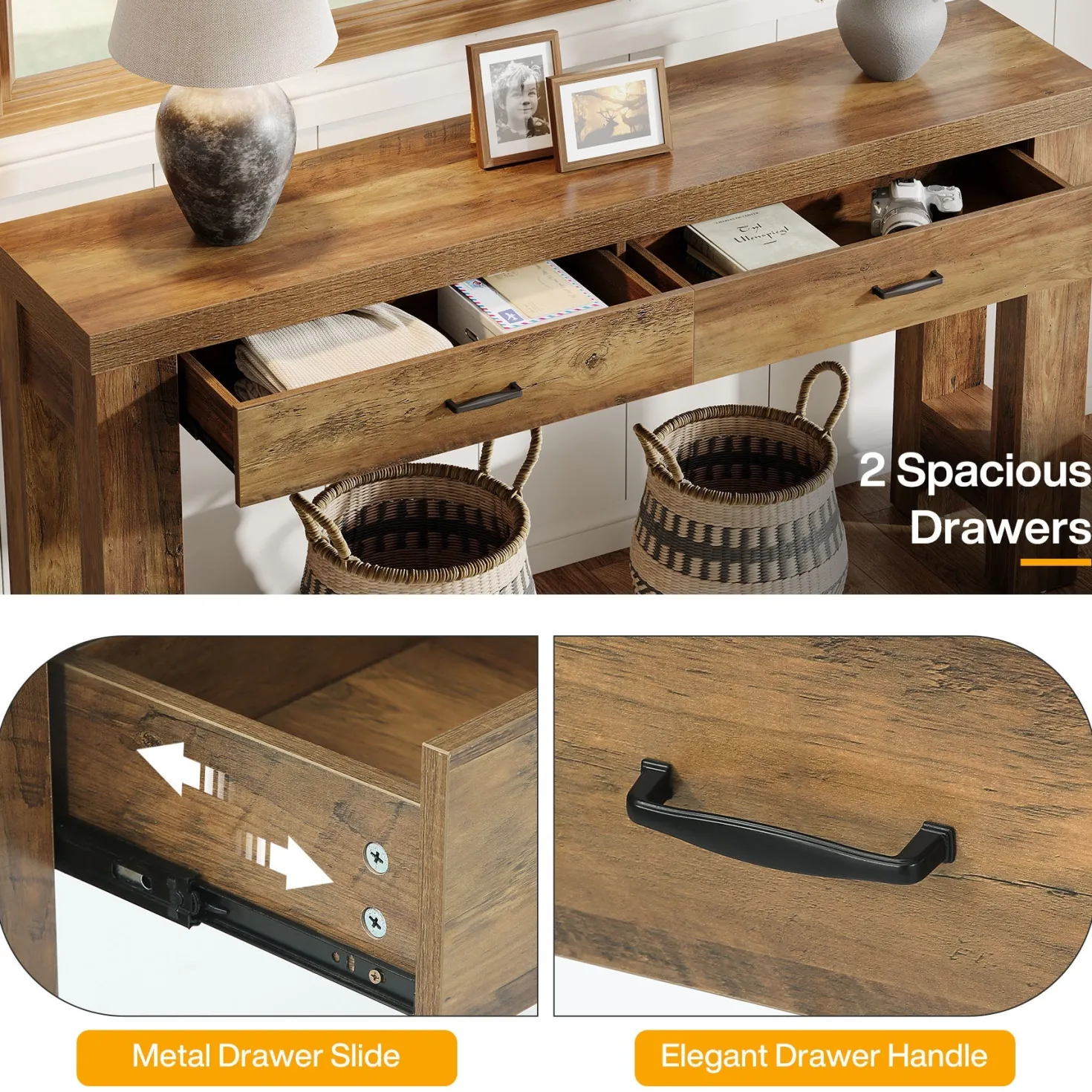 63" Console Table, Farmhouse Entryway Table with H-Shaped Legs and 2 Drawers