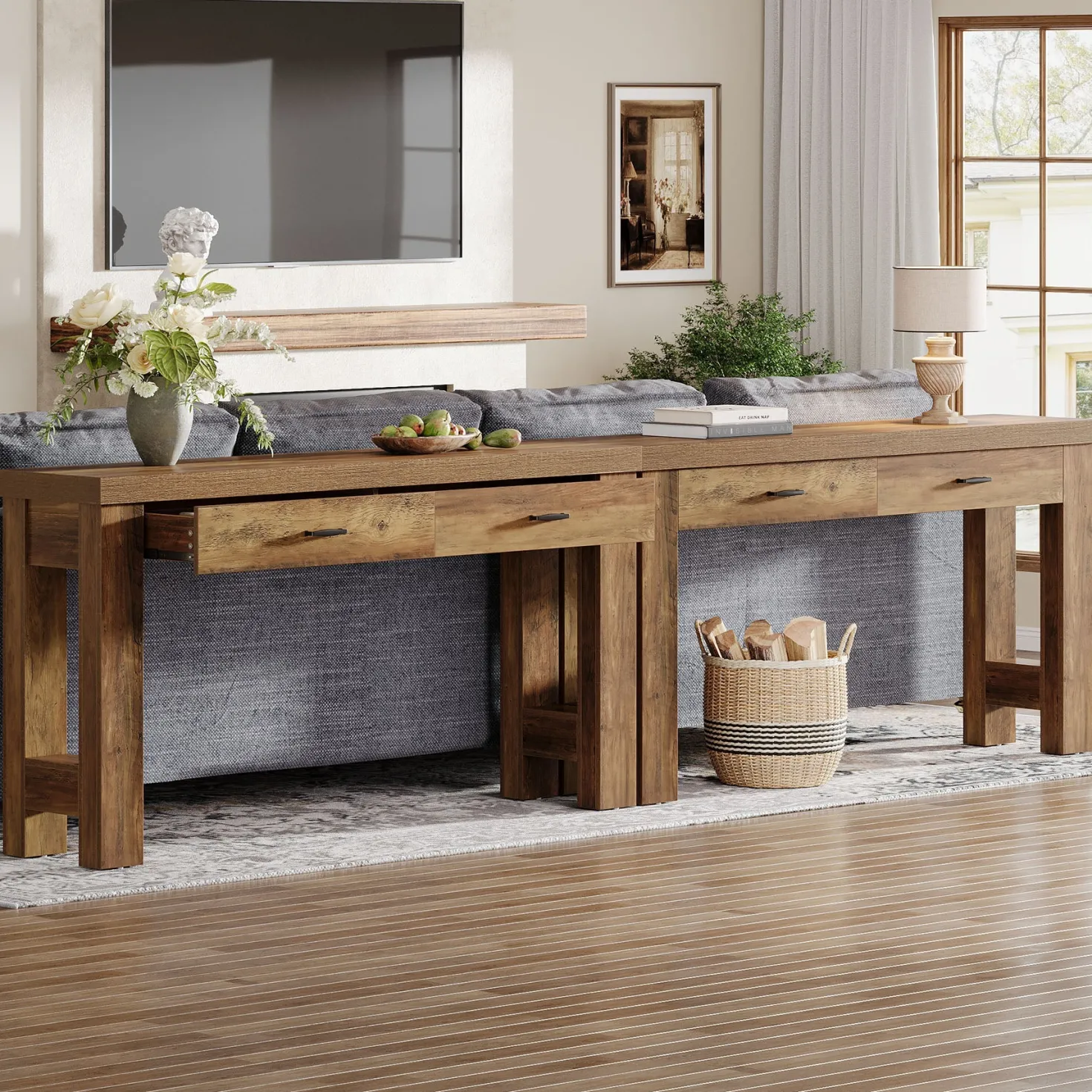 63" Console Table, Farmhouse Entryway Table with H-Shaped Legs and 2 Drawers