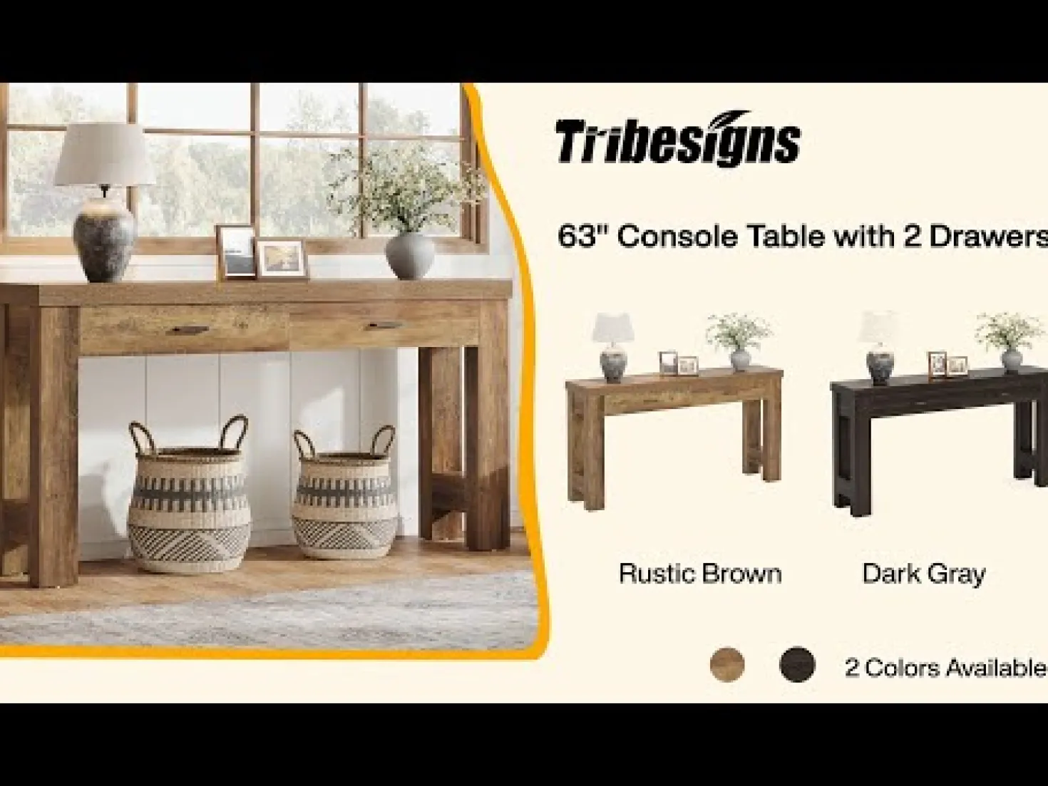 63" Console Table, Farmhouse Entryway Table with H-Shaped Legs and 2 Drawers