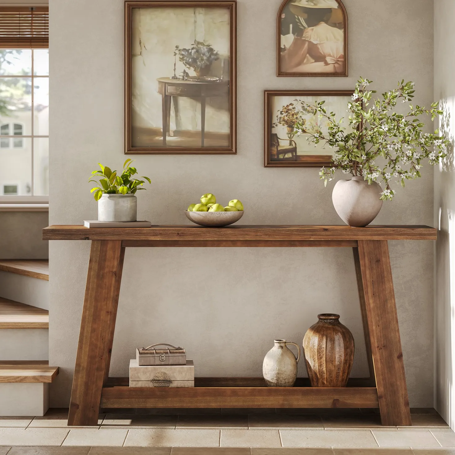 63" Console Table, Farmhouse Wood Sofa Entryway Table with 2-Tier Shelf