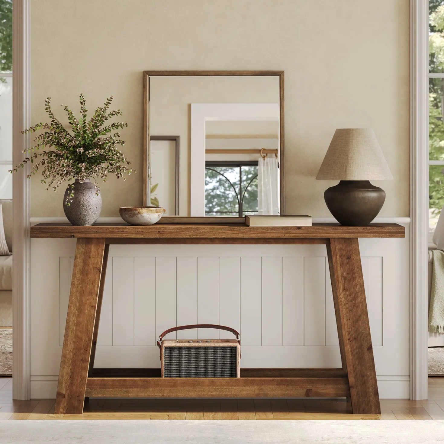 63" Console Table, Farmhouse Wood Sofa Entryway Table with 2-Tier Shelf
