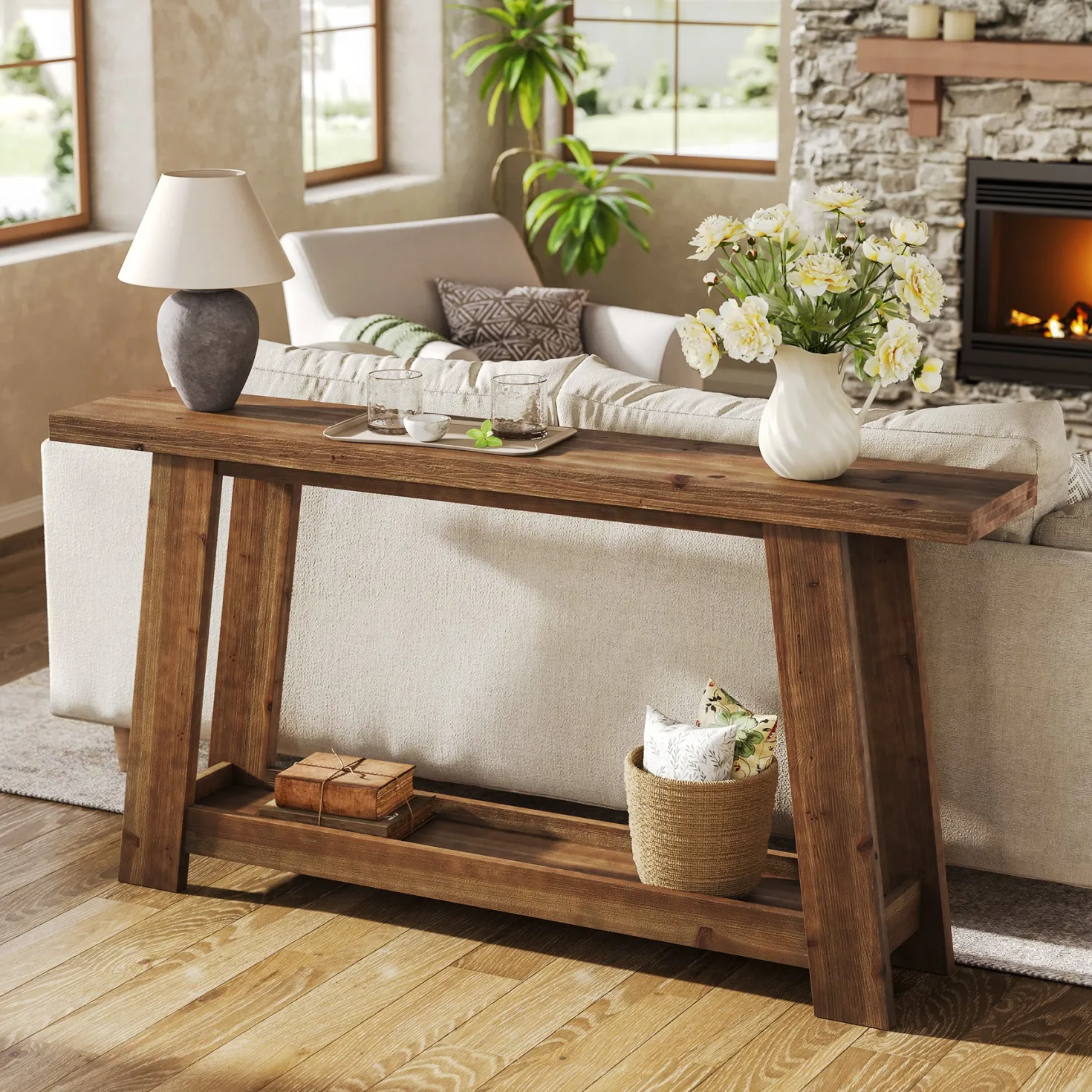 63" Console Table, Farmhouse Wood Sofa Entryway Table with 2-Tier Shelf