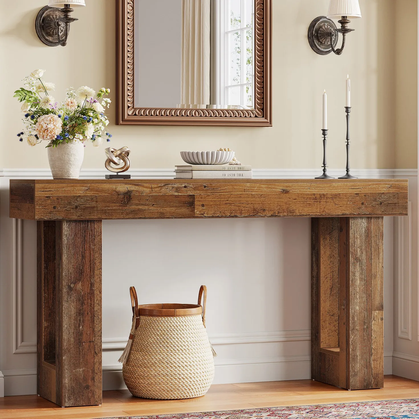 63" Console Table, Rectangular Sofa Table with Thick Legs Behind Couch
