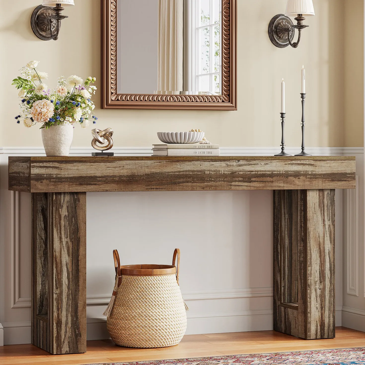 63" Console Table, Rectangular Sofa Table with Thick Legs Behind Couch