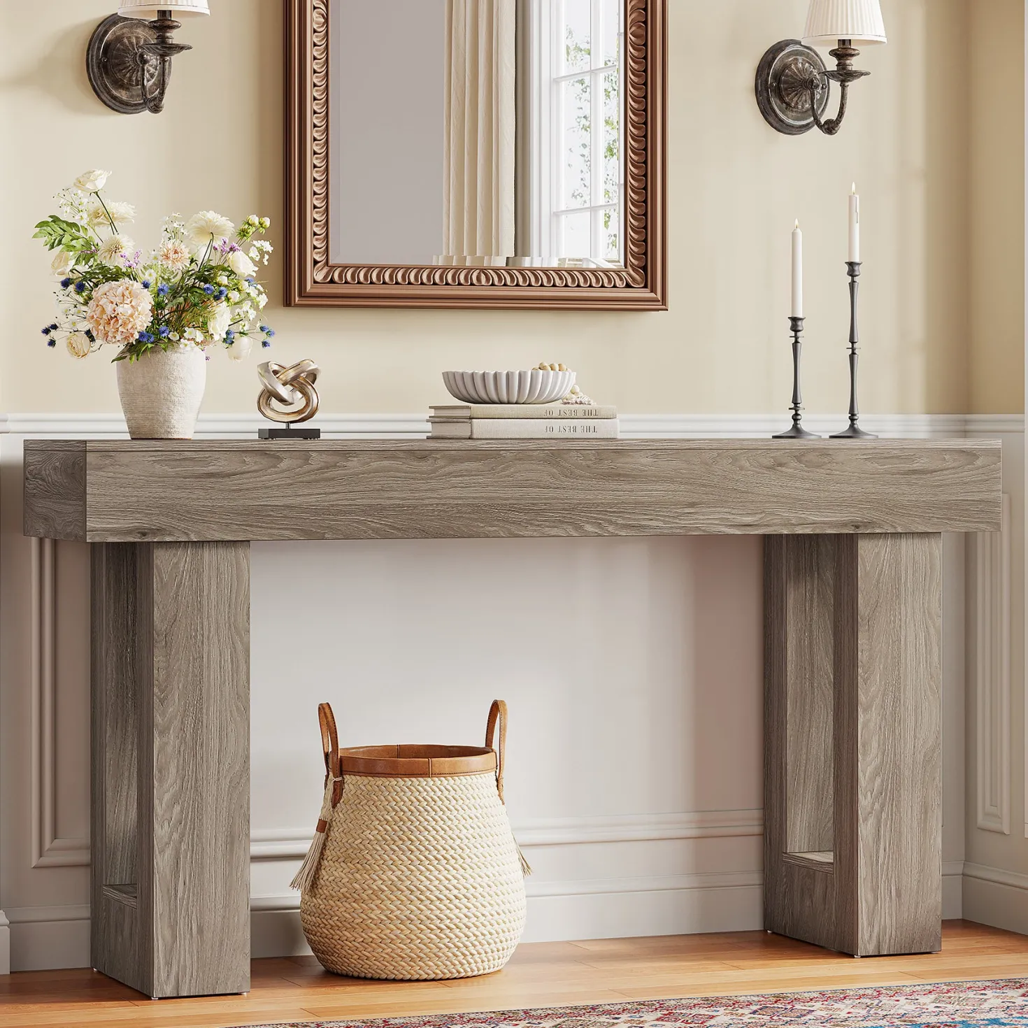 63" Console Table, Rectangular Sofa Table with Thick Legs Behind Couch