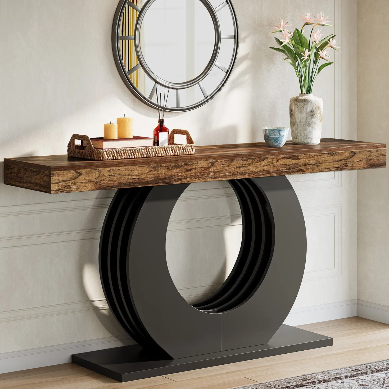 63" Console Table, Rustic Sofa Table Entryway Table with Circle Base