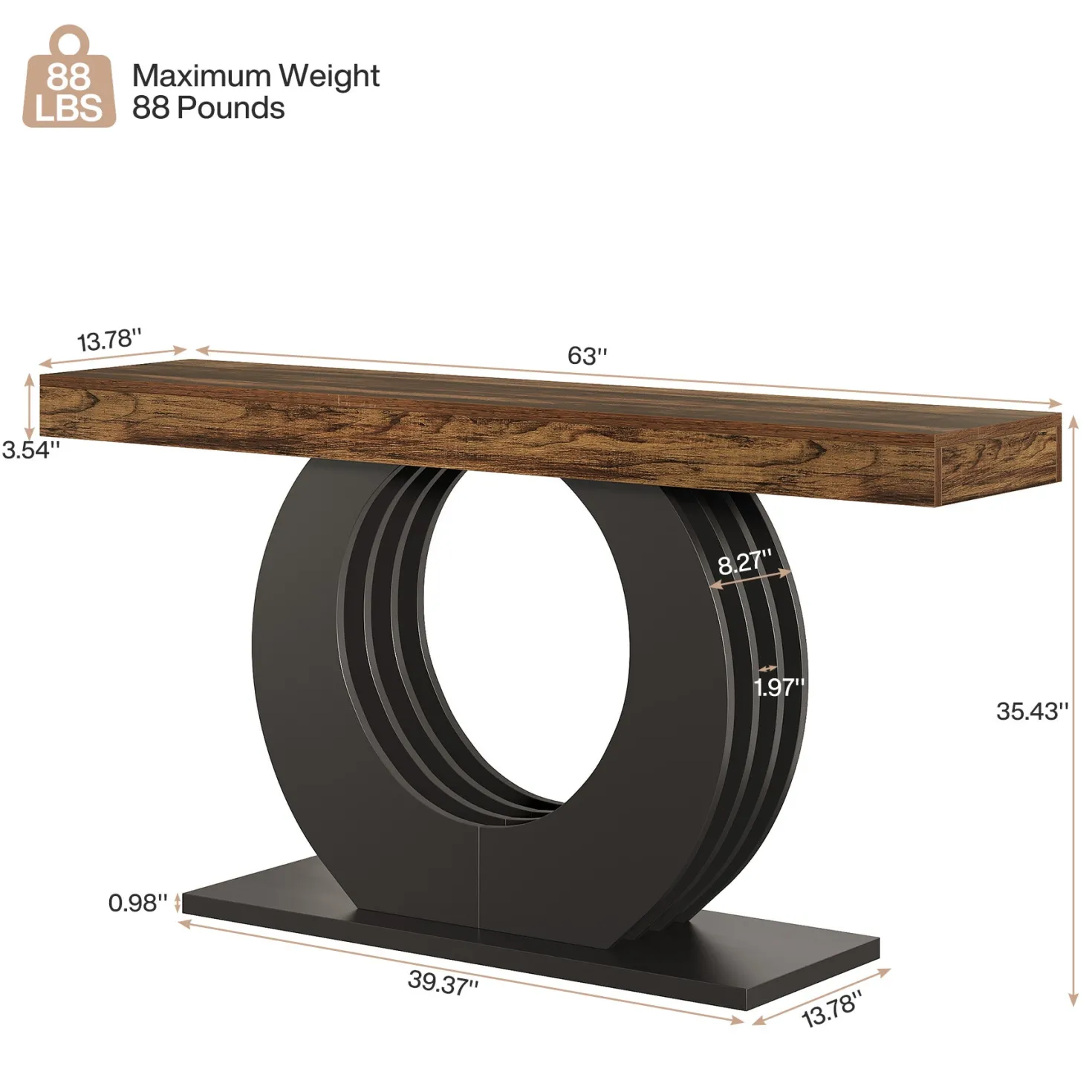 63" Console Table, Rustic Sofa Table Entryway Table with Circle Base