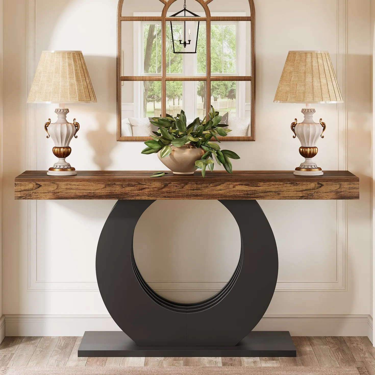 63" Console Table, Rustic Sofa Table Entryway Table with Circle Base