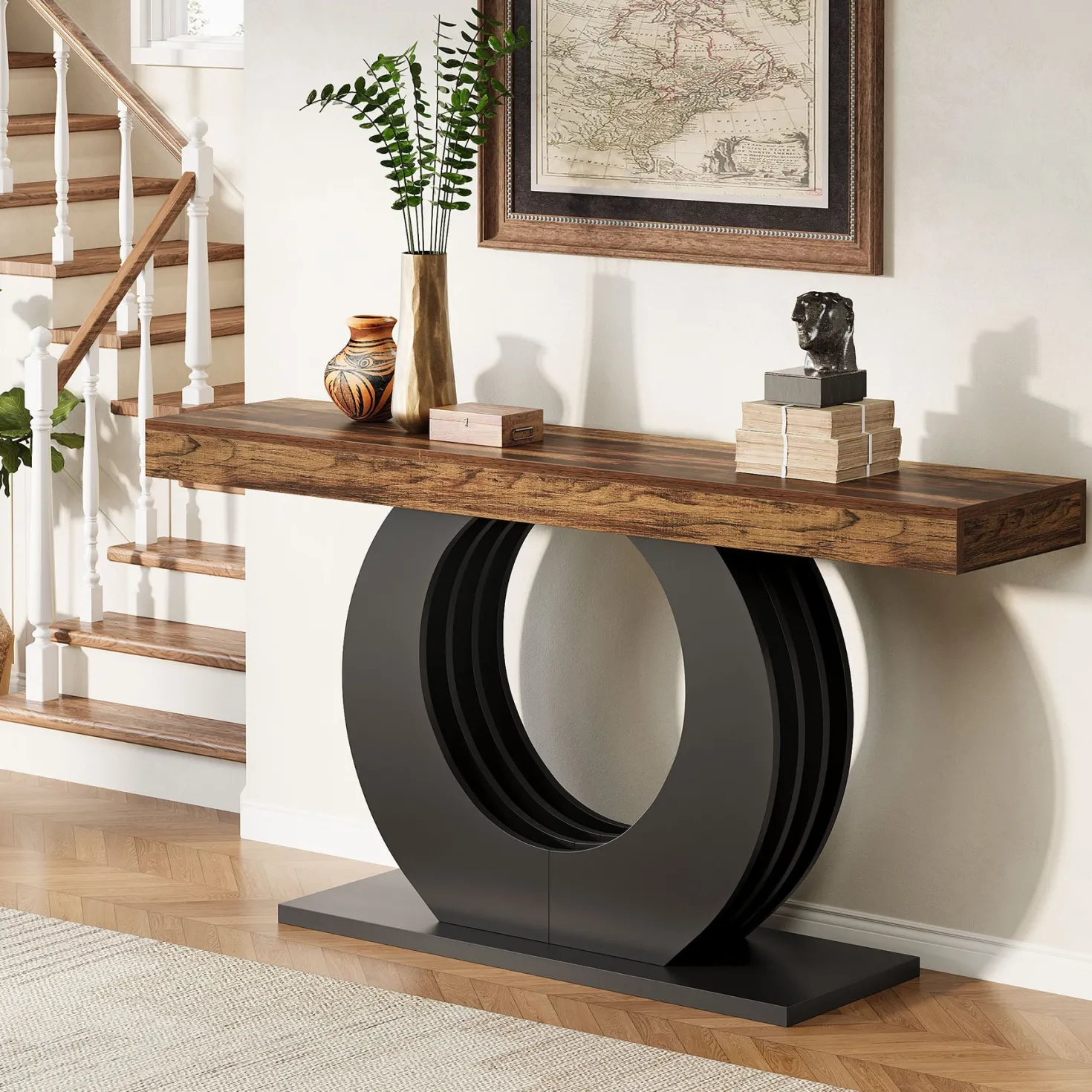 63" Console Table, Rustic Sofa Table Entryway Table with Circle Base