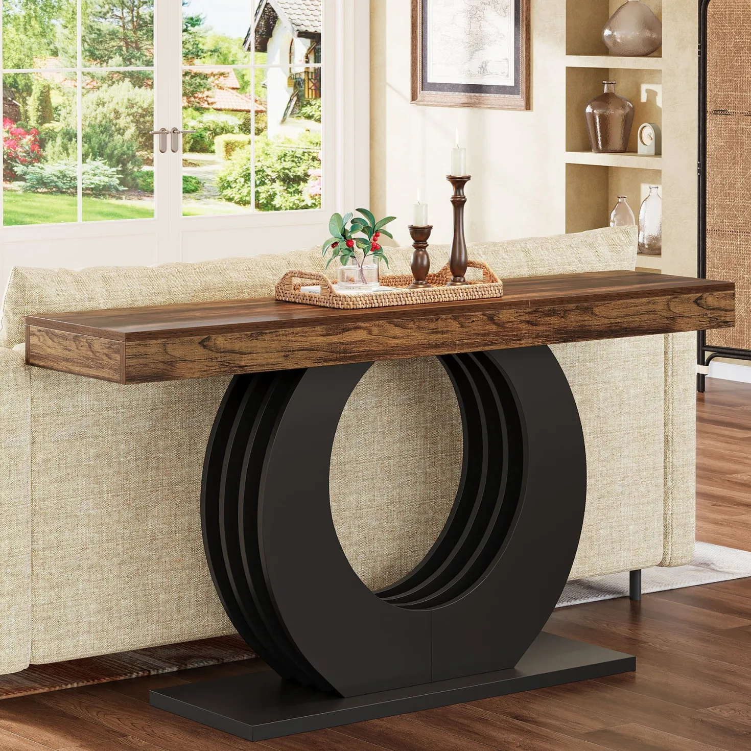 63" Console Table, Rustic Sofa Table Entryway Table with Circle Base