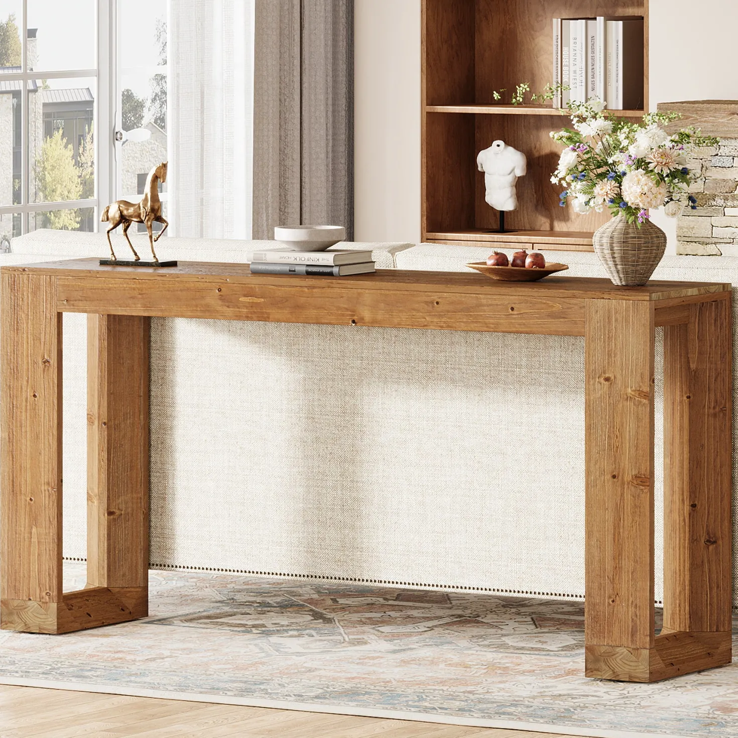 63" Console Table, Solid Wood Sofa Table with Reinforced Base