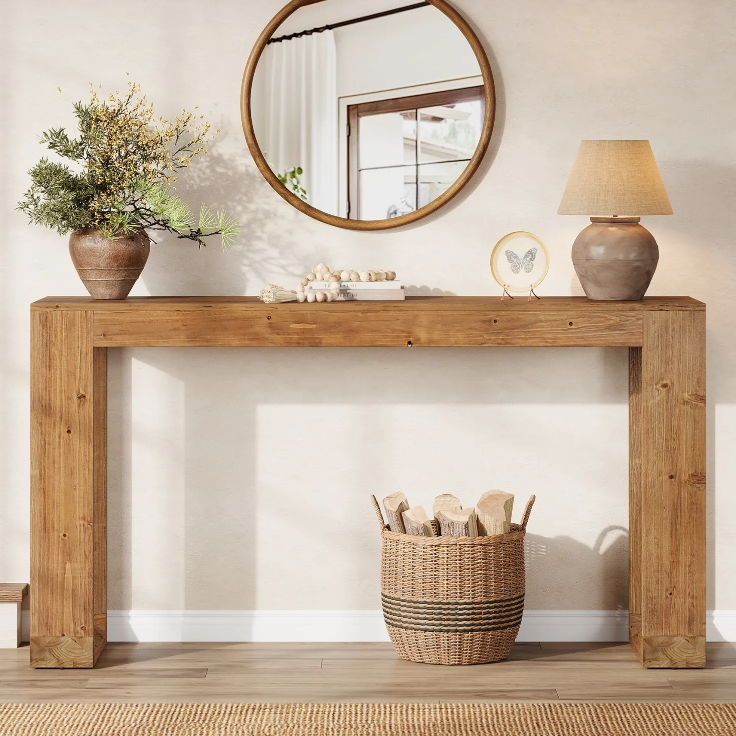 63" Console Table, Solid Wood Sofa Table with Reinforced Base