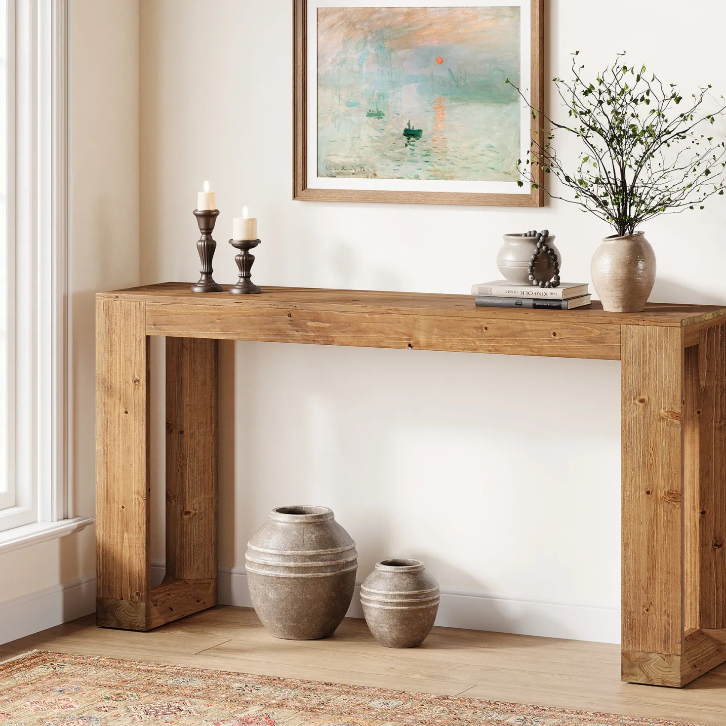 63" Console Table, Solid Wood Sofa Table with Reinforced Base