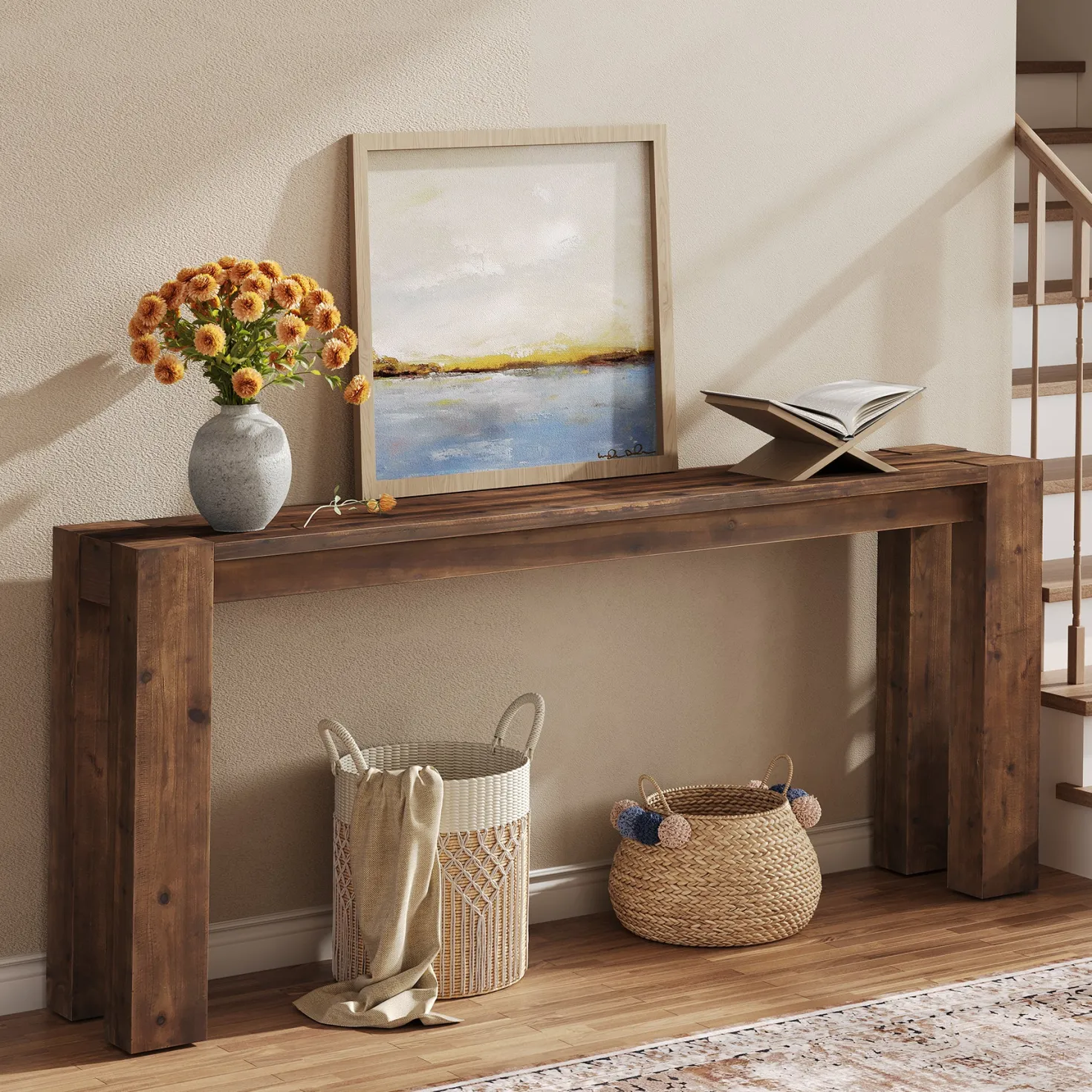 70.9" Console Table, Solid Wood Long Sofa Table for Entryway