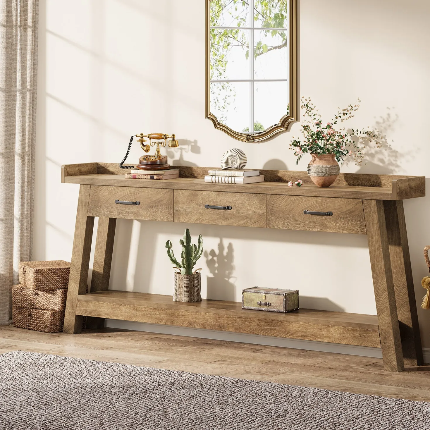 70.9" Console Table, 2-Tier Long Sofa Entryway Table with 3 Drawers and Raised Baffle