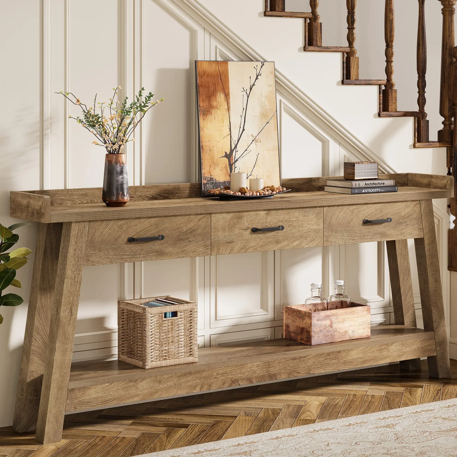 70.9" Console Table, 2-Tier Long Sofa Entryway Table with 3 Drawers and Raised Baffle