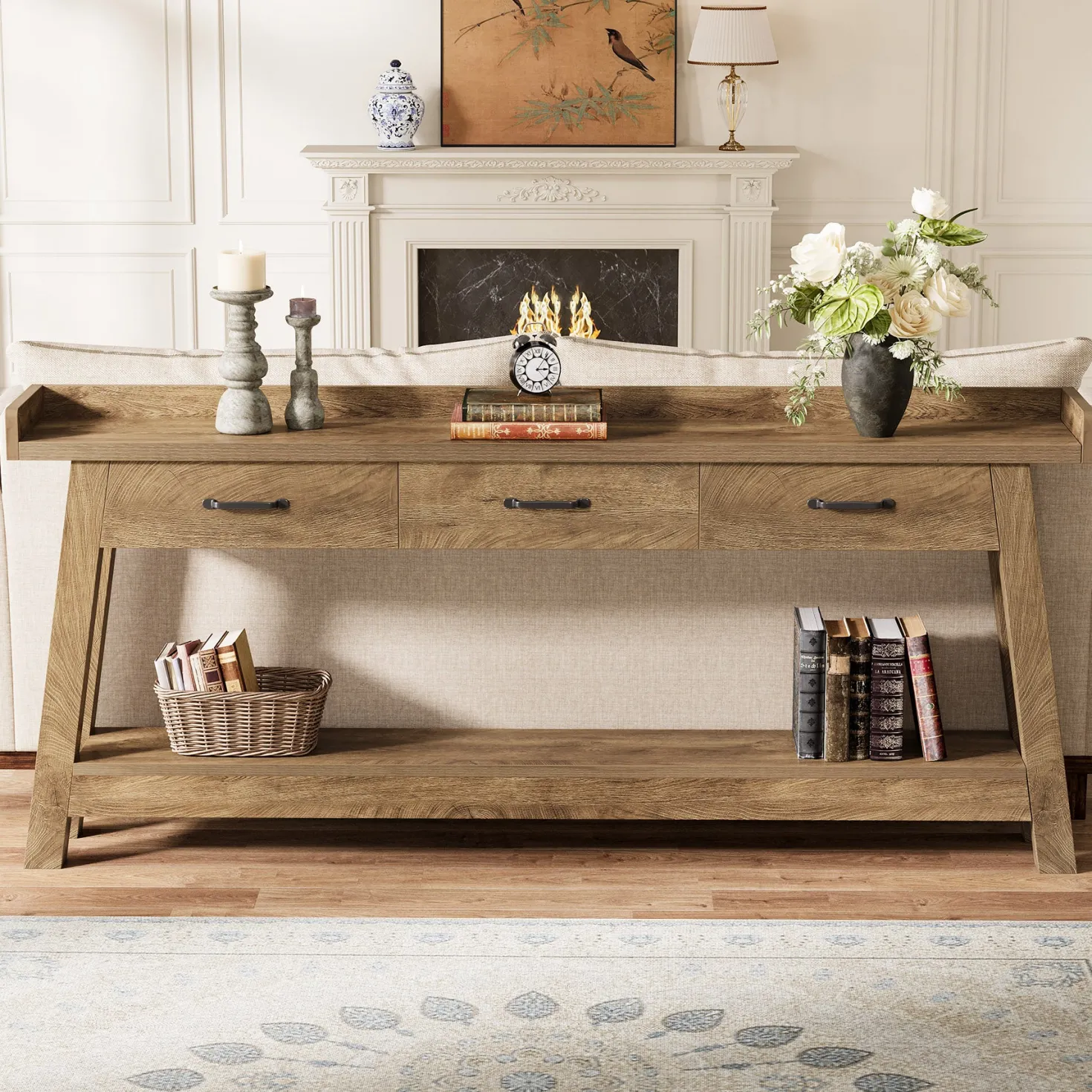 70.9" Console Table, 2-Tier Long Sofa Entryway Table with 3 Drawers and Raised Baffle