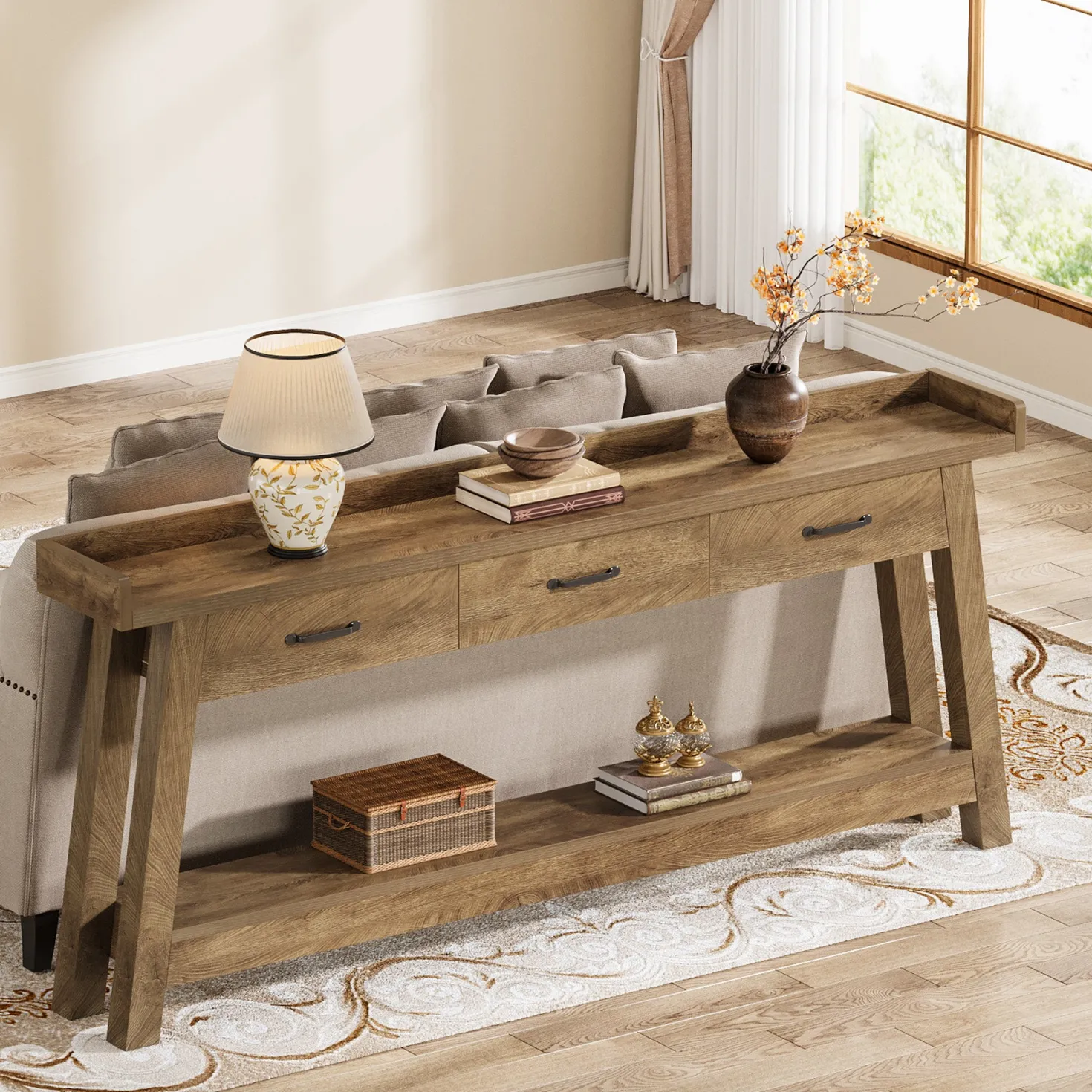 70.9" Console Table, 2-Tier Long Sofa Entryway Table with 3 Drawers and Raised Baffle