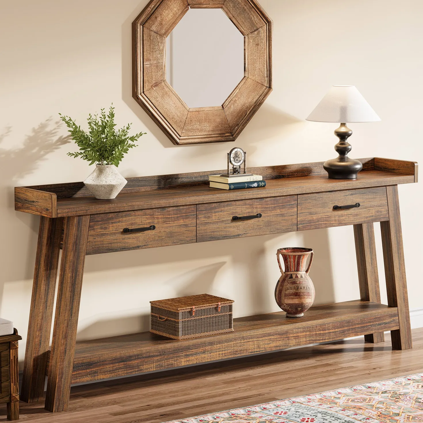 70.9" Console Table, 2-Tier Long Sofa Entryway Table with 3 Drawers and Raised Baffle