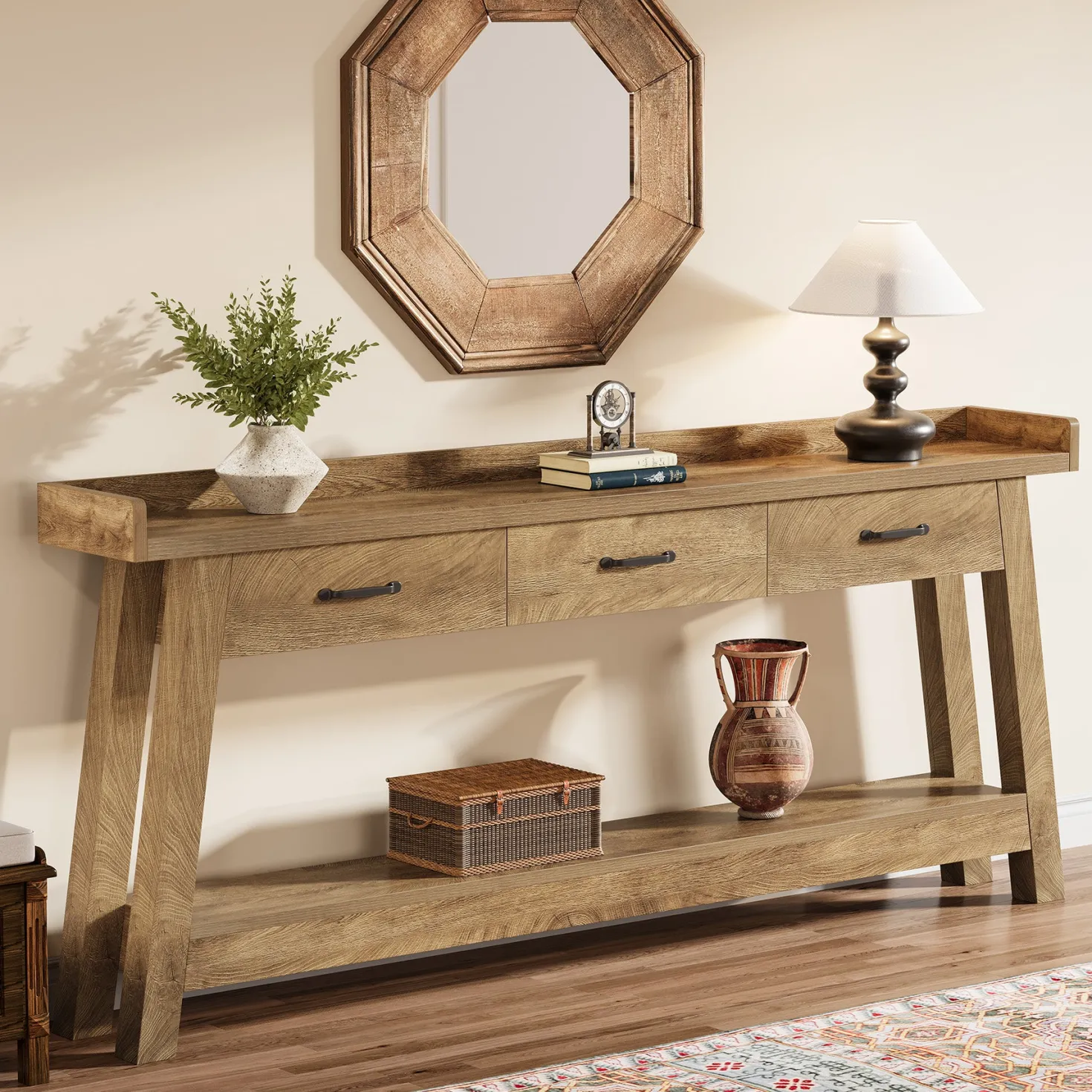 70.9" Console Table, 2-Tier Long Sofa Entryway Table with 3 Drawers and Raised Baffle