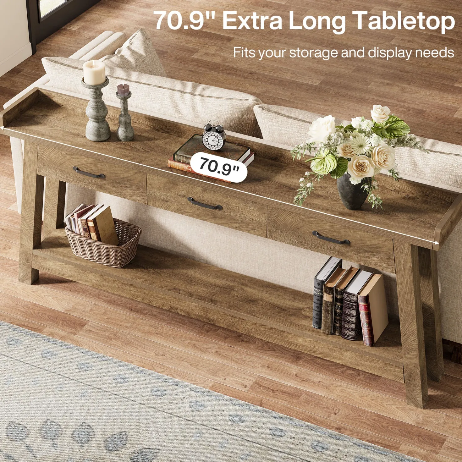 70.9" Console Table, 2-Tier Long Sofa Entryway Table with 3 Drawers and Raised Baffle