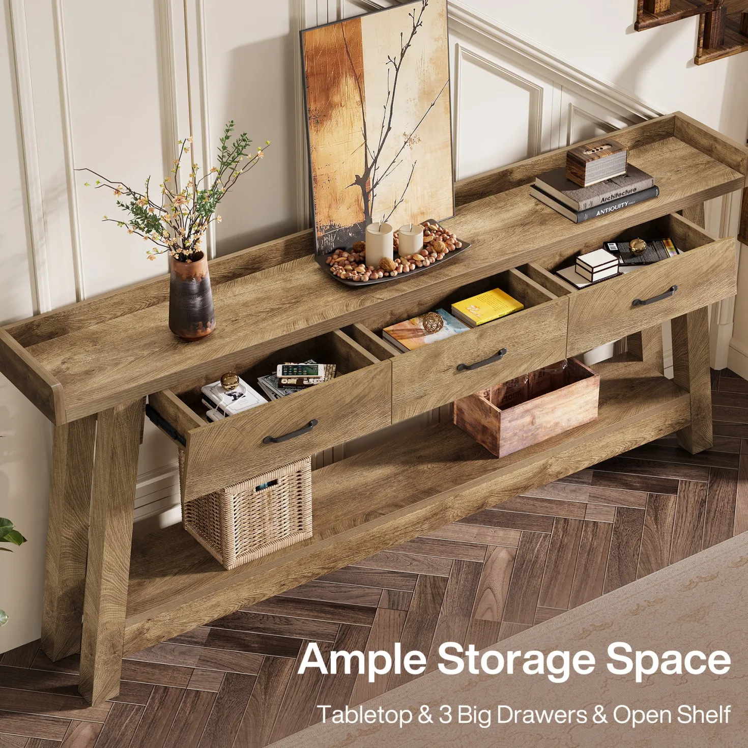 70.9" Console Table, 2-Tier Long Sofa Entryway Table with 3 Drawers and Raised Baffle