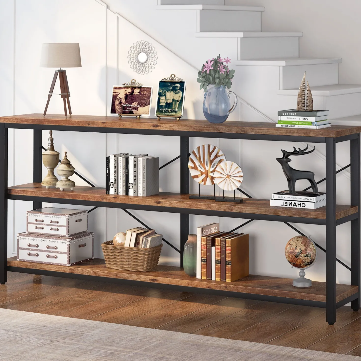 70.9" Console Table, 3-Tier Sofa Table with Metal Frame