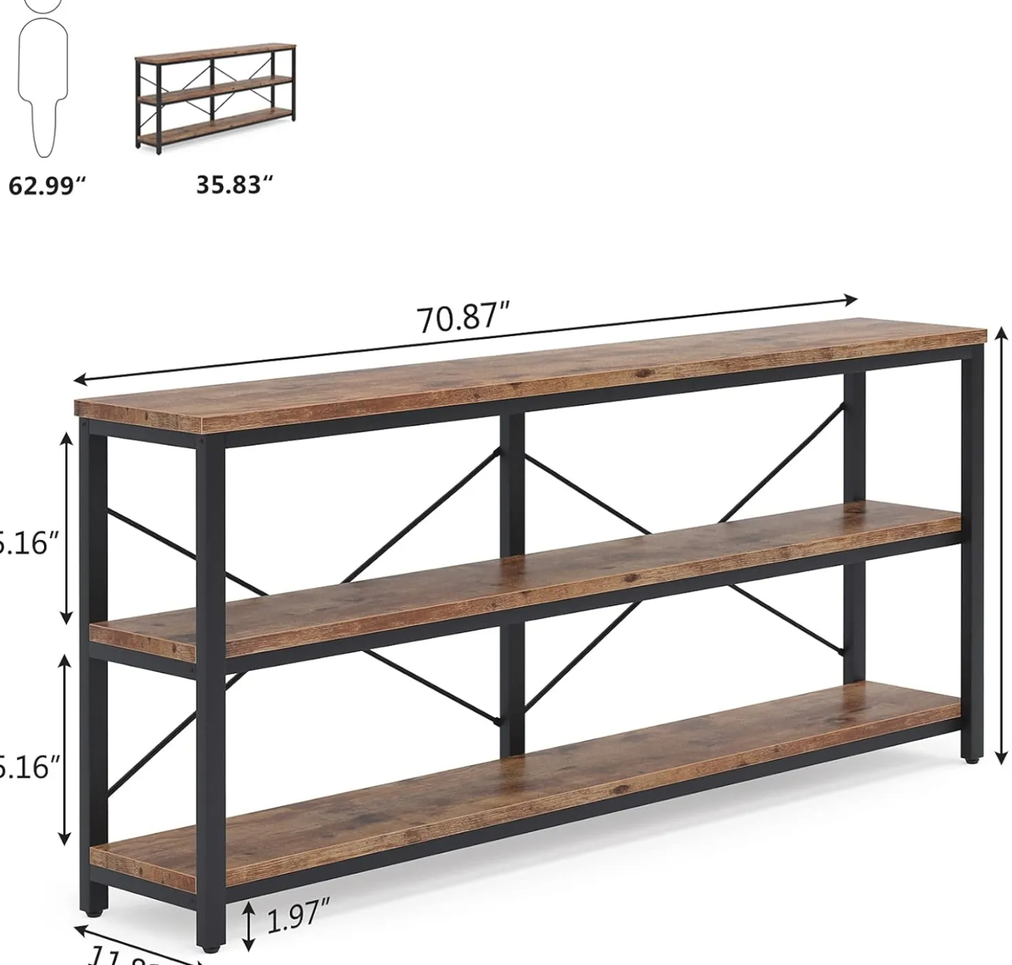 70.9" Console Table, 3-Tier Sofa Table with Metal Frame