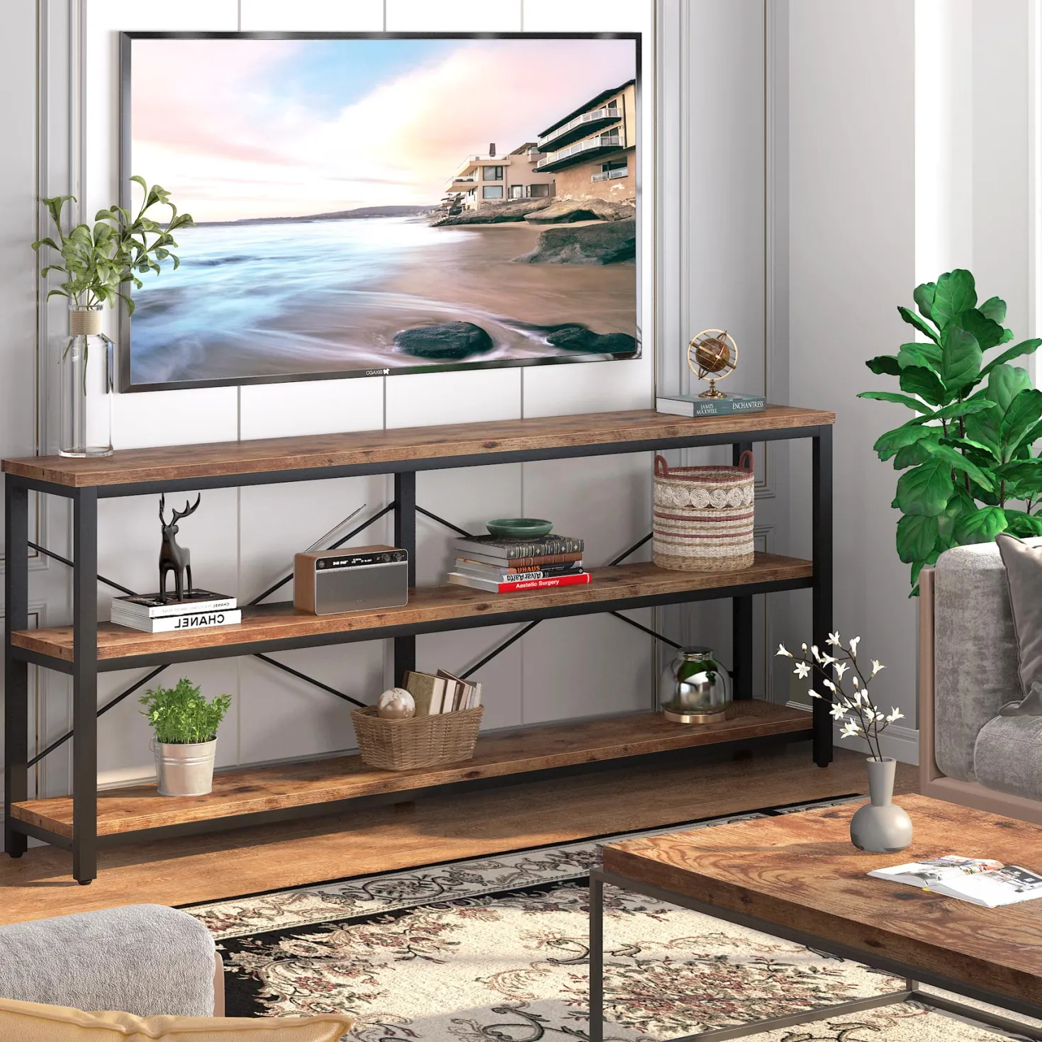 70.9" Console Table, 3-Tier Sofa Table with Metal Frame