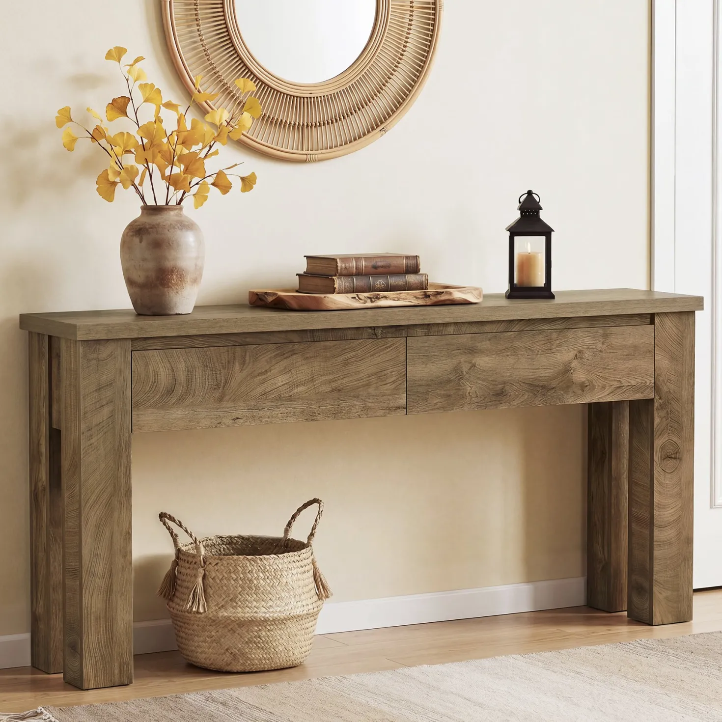 63" Console Table with 2 Drawers, Farmhouse Entryway Sofa Table Behind Couch