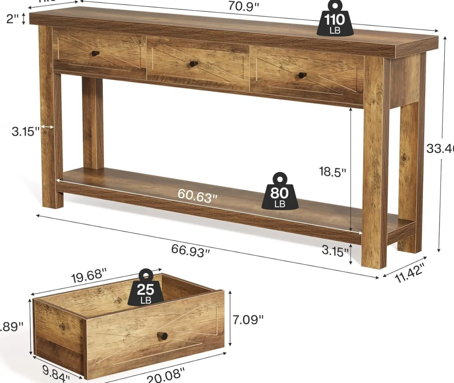70.9” Console Table with 3 Drawers, Narrow Entryway Table with Storage Shelf