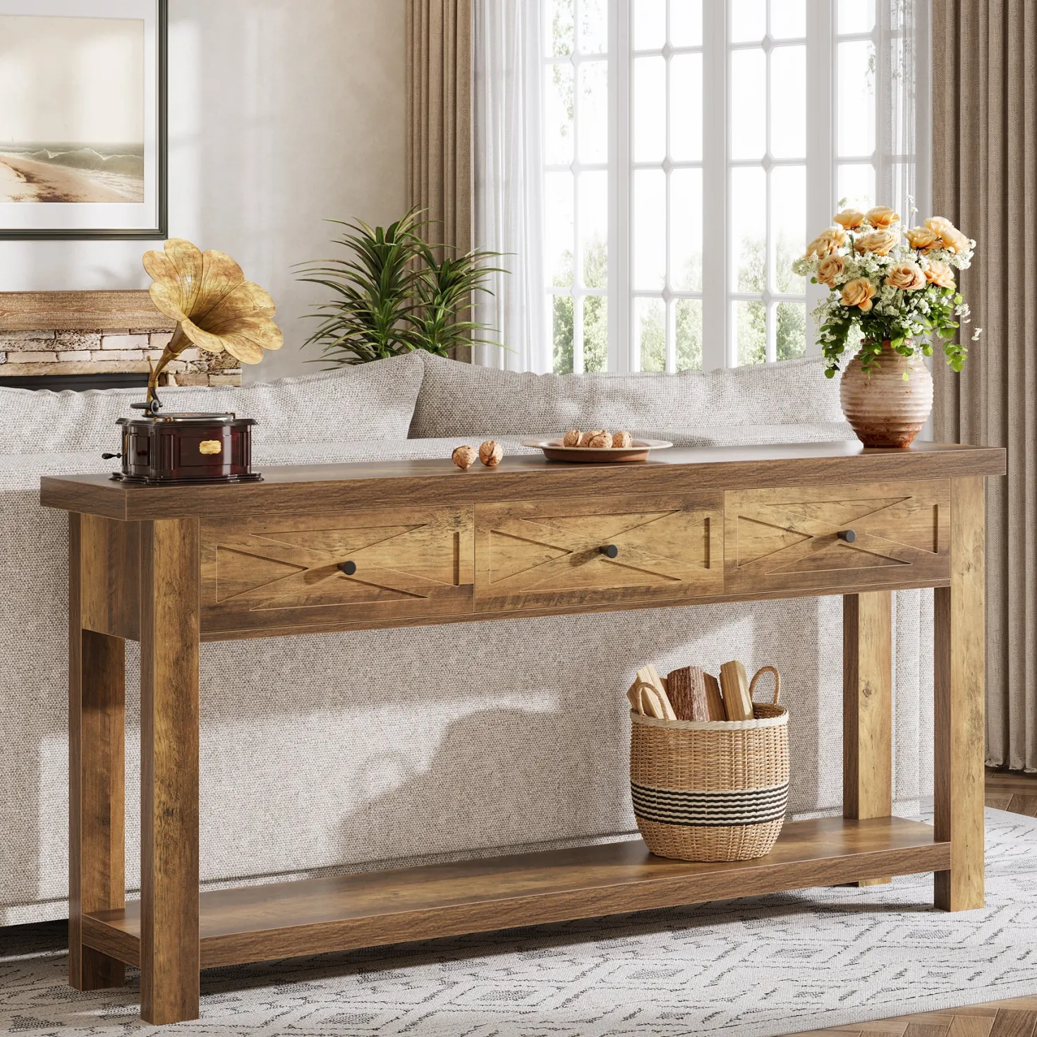 70.9” Console Table with 3 Drawers, Narrow Entryway Table with Storage Shelf