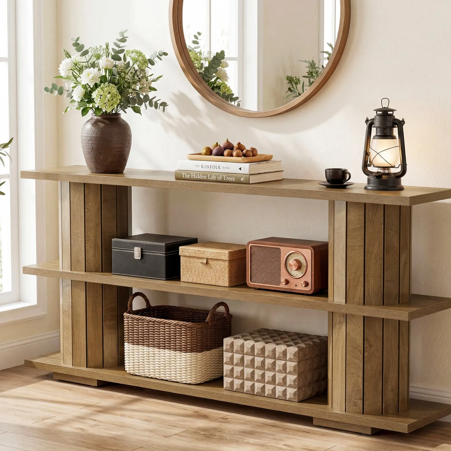 63" Console Table with Storage Shelves, Long Narrow Entryway Sofa Table with 3-Tier Shelving