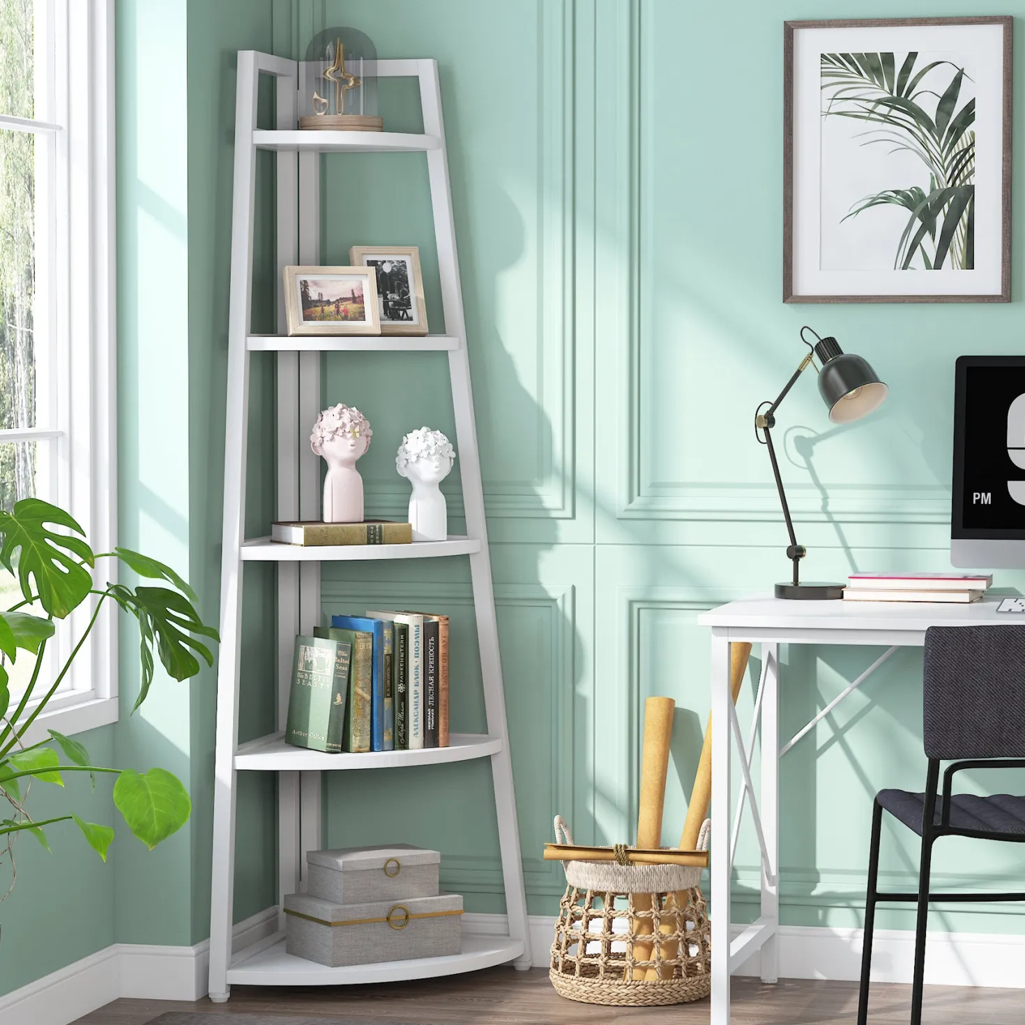 70" Corner Shelf, 5 Tier Corner Storage Rack Ladder Bookcase