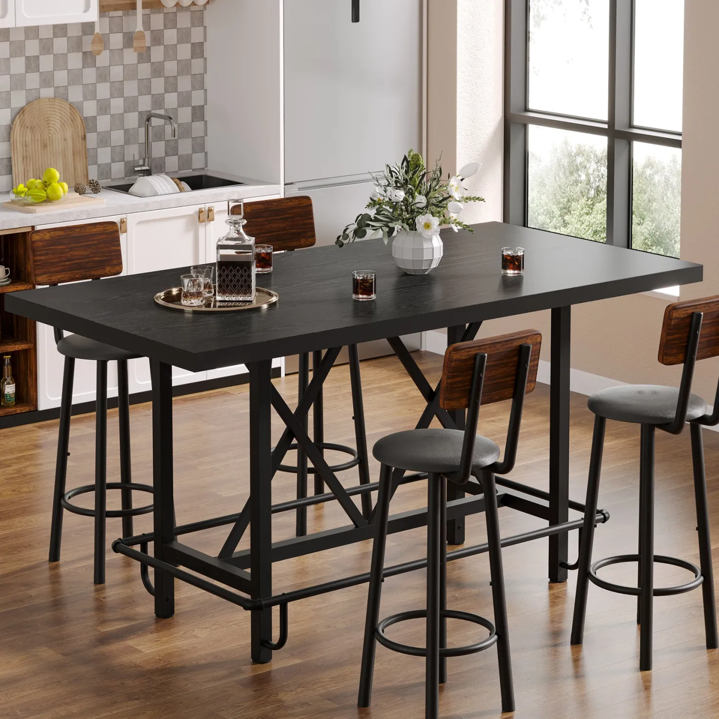 62.99" Counter Height Bar Table, Rectangular Farmhouse Pub Table for Kitchen or Dining Area