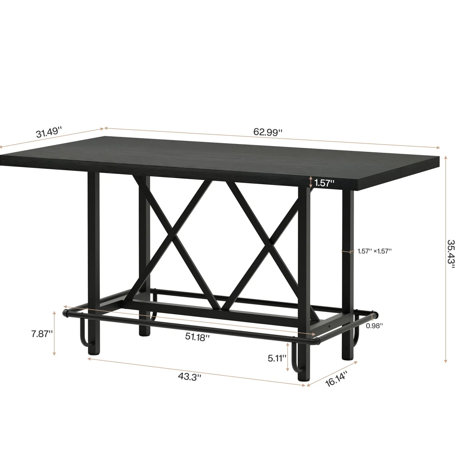 62.99" Counter Height Bar Table, Rectangular Farmhouse Pub Table for Kitchen or Dining Area