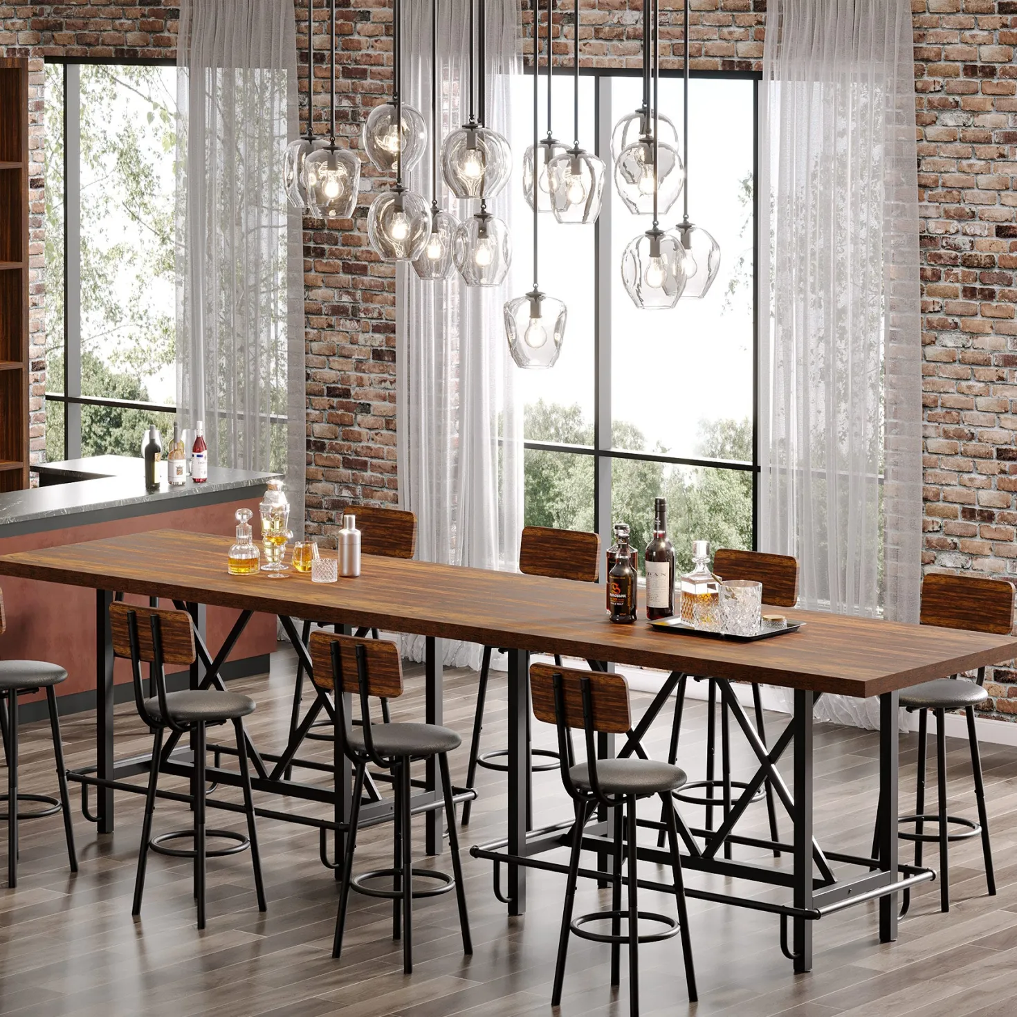 62.99" Counter Height Bar Table, Rectangular Farmhouse Pub Table for Kitchen or Dining Area