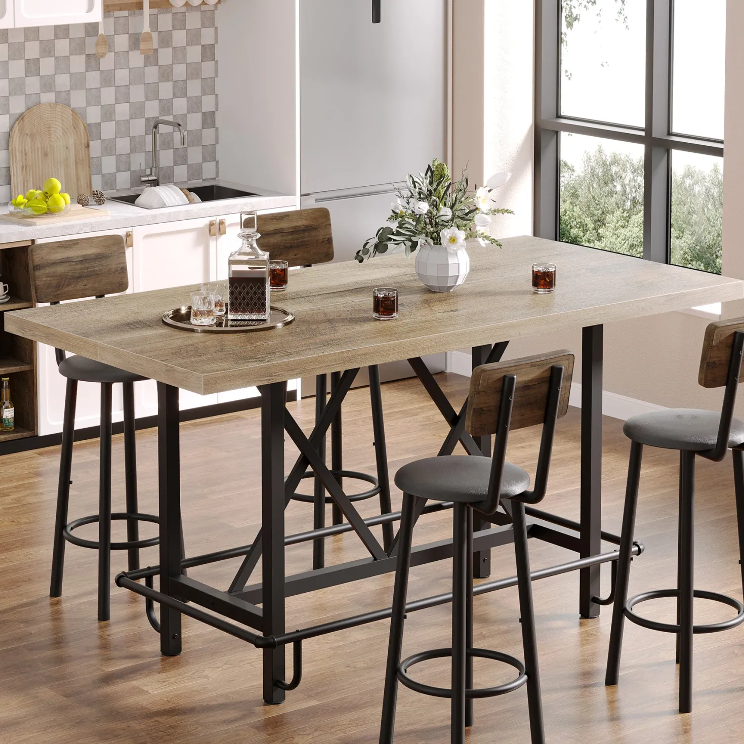 62.99" Counter Height Bar Table, Rectangular Farmhouse Pub Table for Kitchen or Dining Area