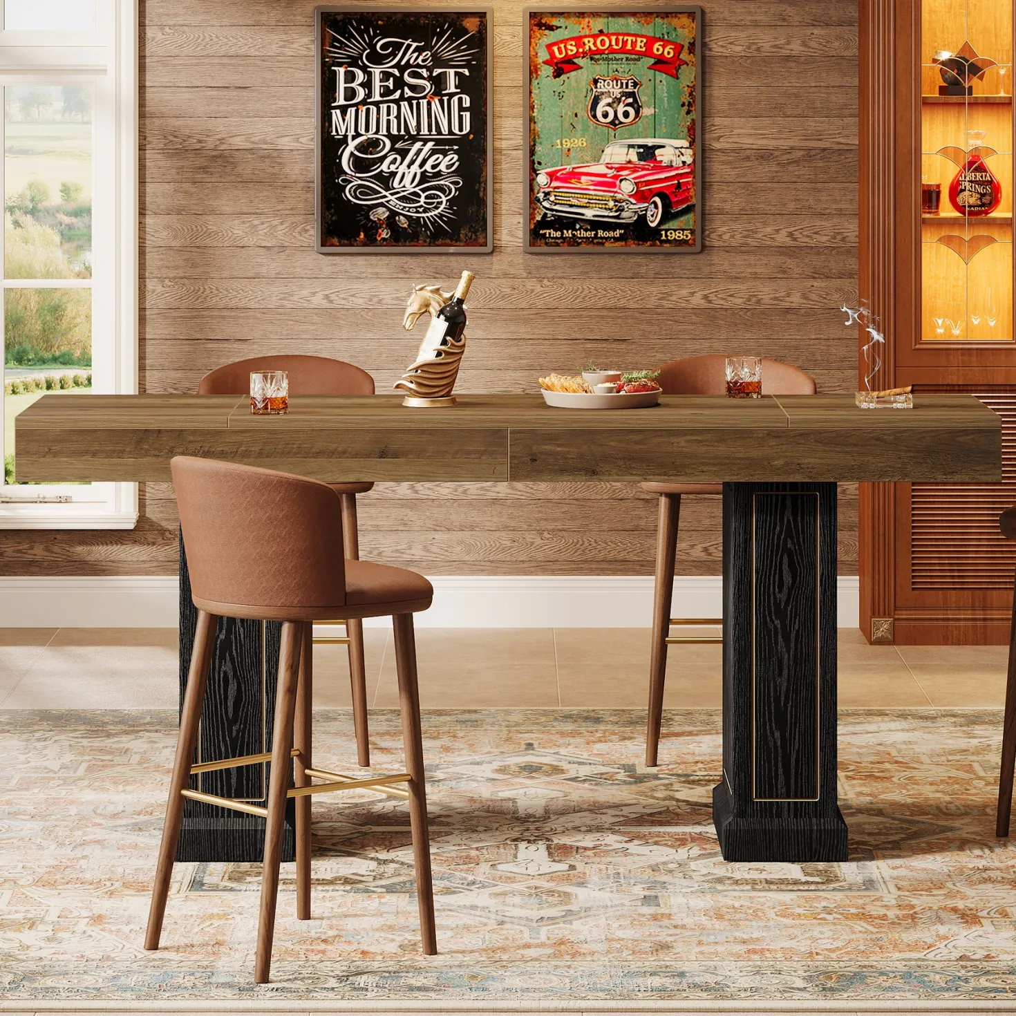 71" Counter Height Bar Table for 6-8 People, Rustic Pub Table with Dual Pedestal Base & Gold Accents