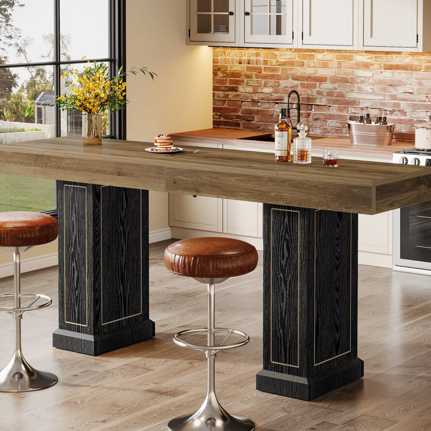 71" Counter Height Bar Table for 6-8 People, Rustic Pub Table with Dual Pedestal Base & Gold Accents