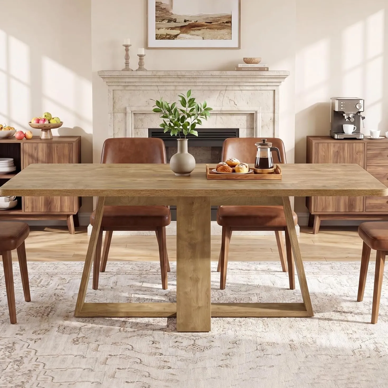 63" Dining Table, Farmhouse Kitchen Table with Wooden Pedestal for Kitchen