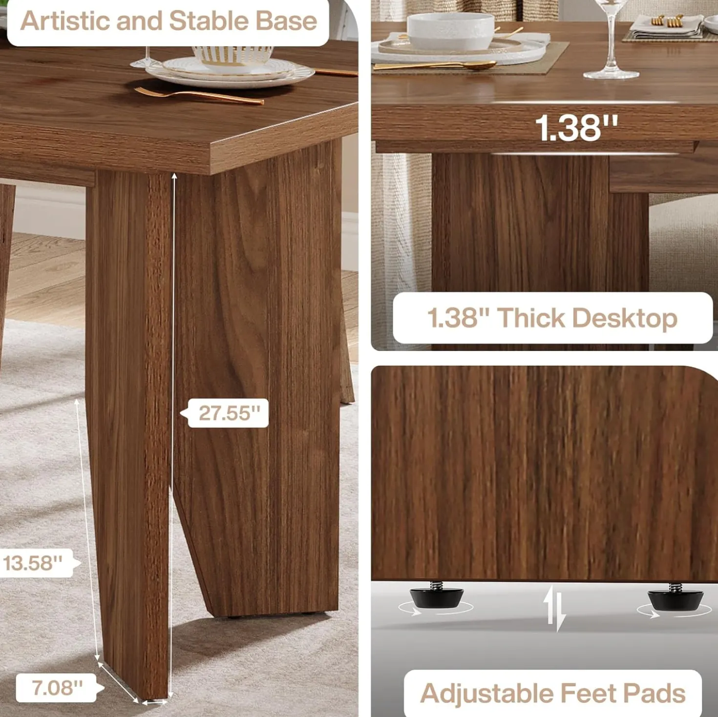 63" Dining Table, Farmhouse Kitchen Dinner Table for 4-6 People