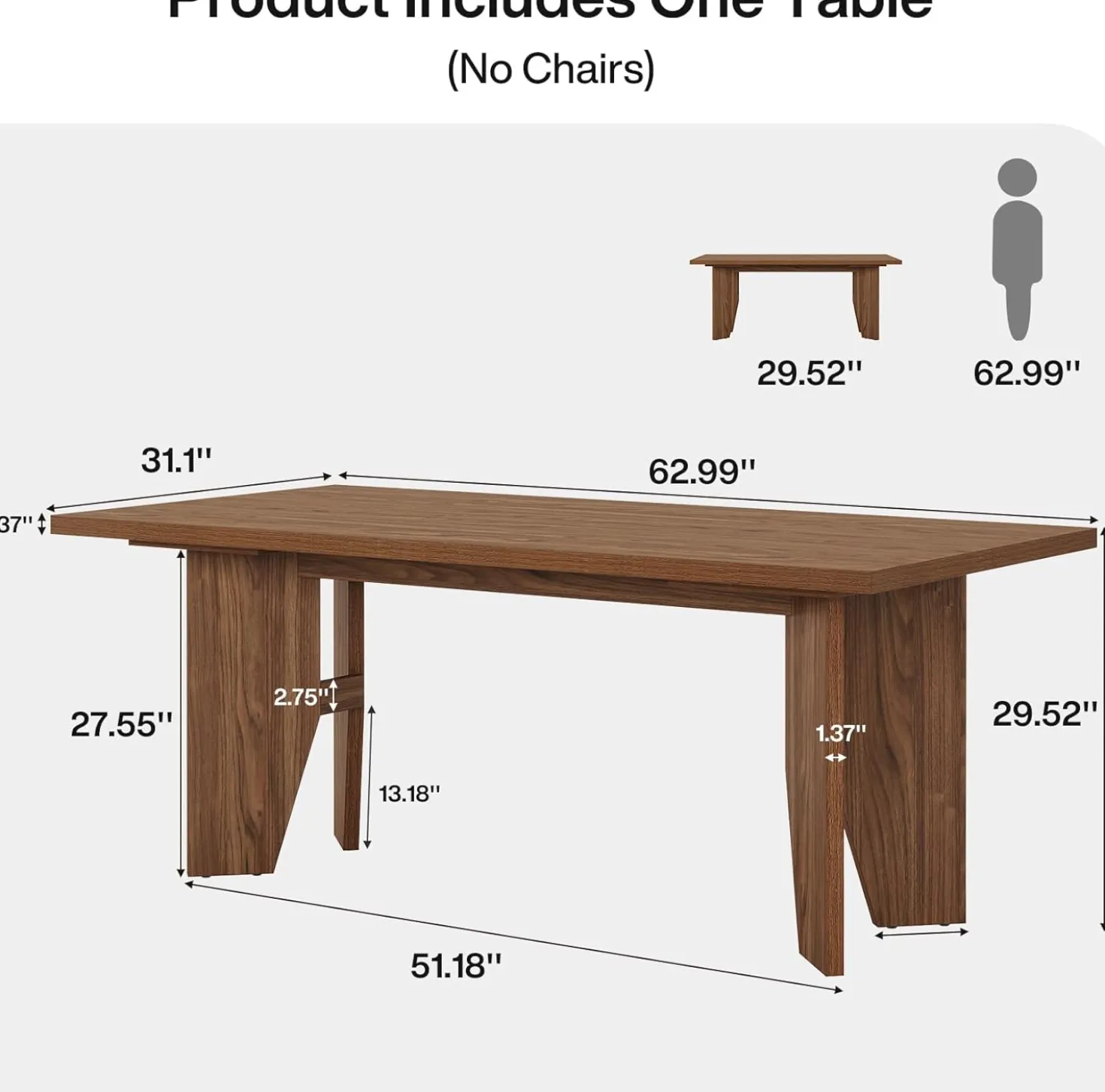 63" Dining Table, Farmhouse Kitchen Dinner Table for 4-6 People