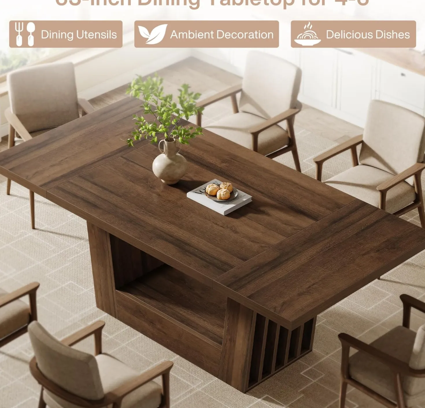 63" Dining Table for 4-6, Farmhouse Kitchen Dinner Table with Heavy-Duty Base