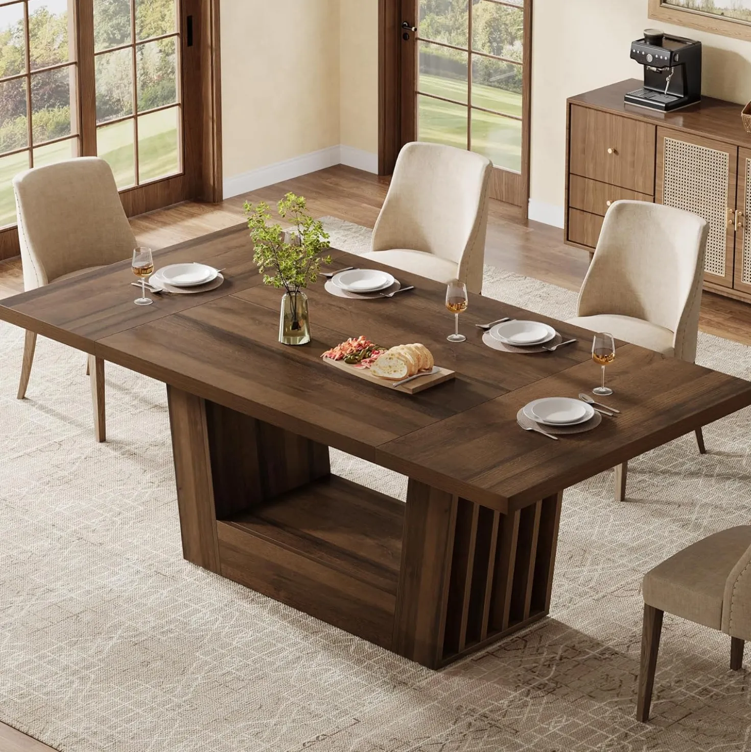 63" Dining Table for 4-6, Farmhouse Kitchen Dinner Table with Heavy-Duty Base