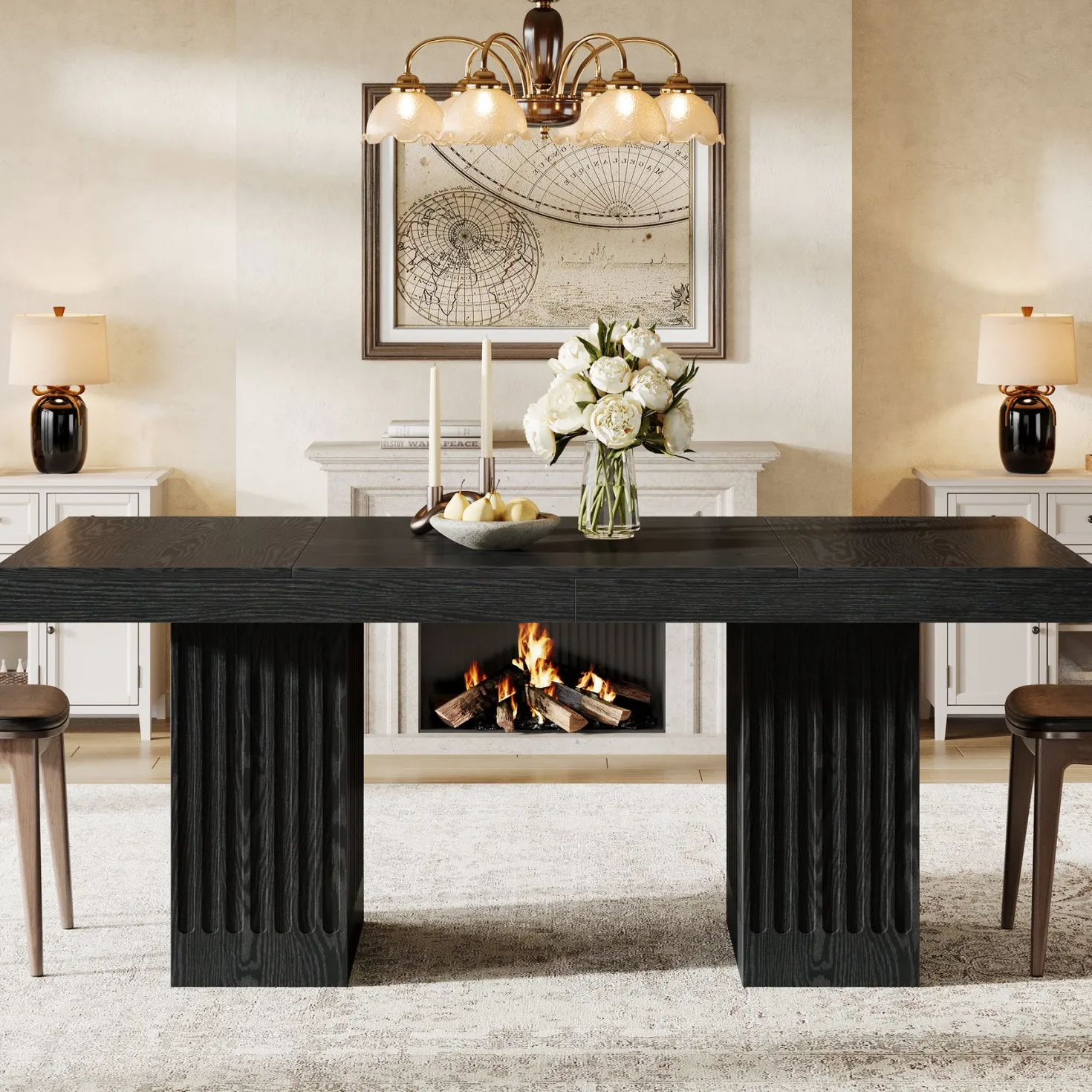 63" Dining Table for 4-6 People, Rectangular Kitchen Table with Double Pedestal