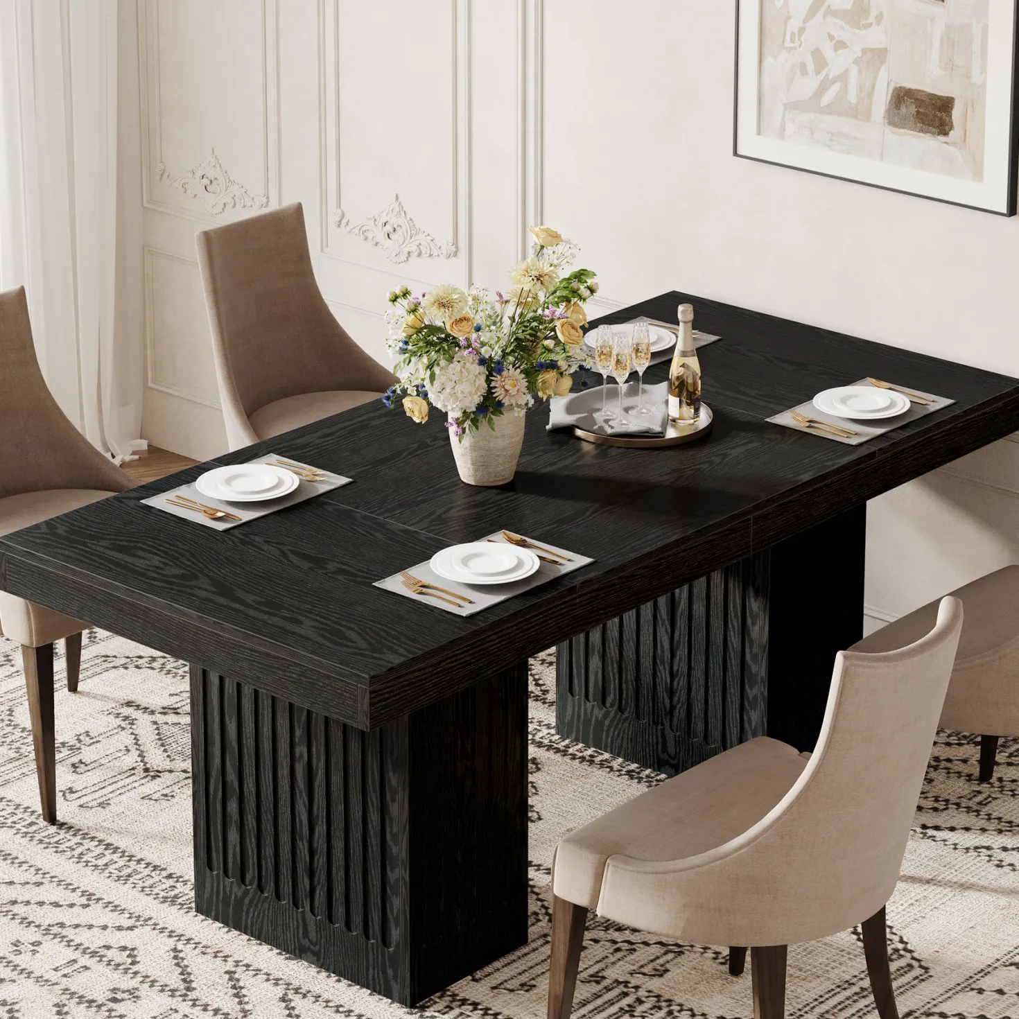 63" Dining Table for 4-6 People, Rectangular Kitchen Table with Double Pedestal
